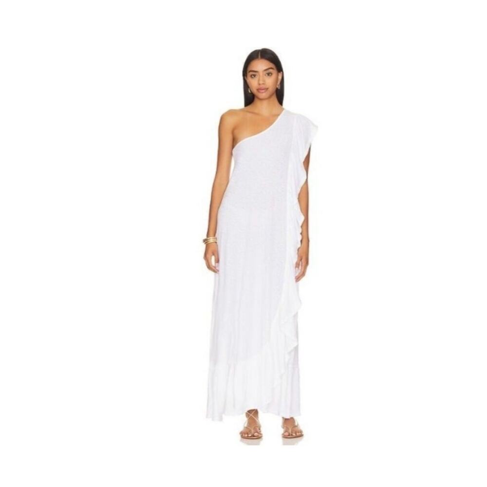 Elisa Slub Cotton White Maxi Dress Ruffled One Shoulder Dress Medium - Picture 6 of 16